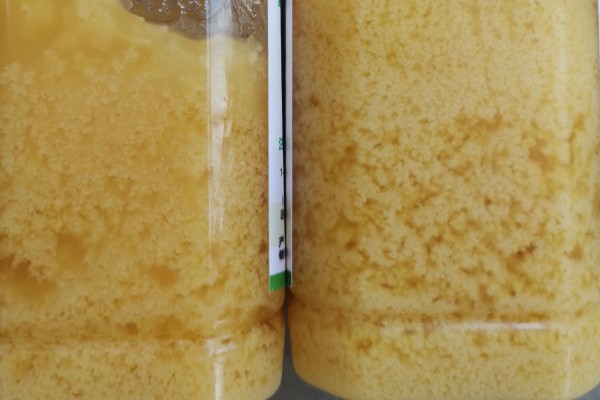 真假蜂蜜结晶后的区别，结晶颗粒的软硬程度明显不同